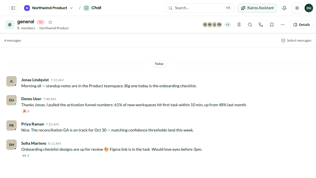 A #general channel thread with the pinned onboarding update