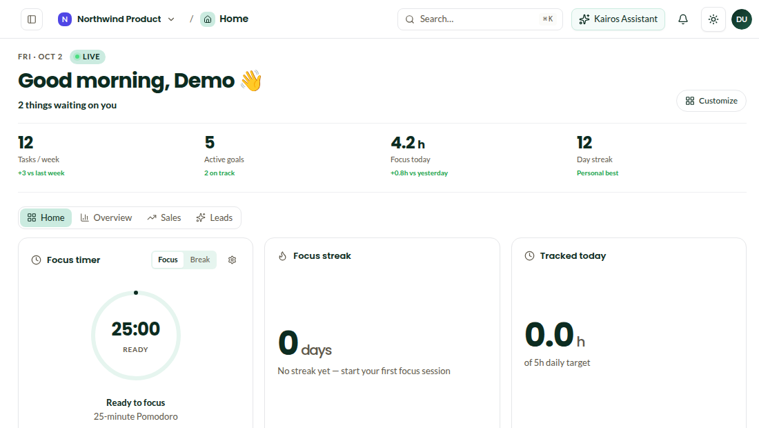 The workspace home with focus timer, schedule and what is waiting on you