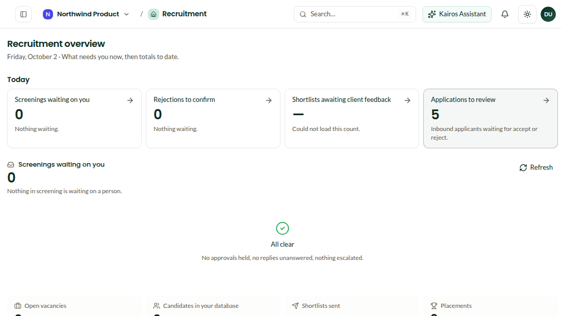The Recruitment overview: pipeline, work and insights navigation